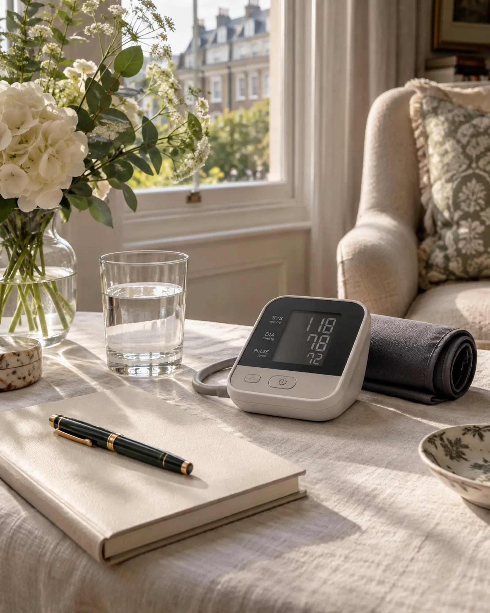 A blood pressure monitor and a notebook on a linen-covered table by a sash window